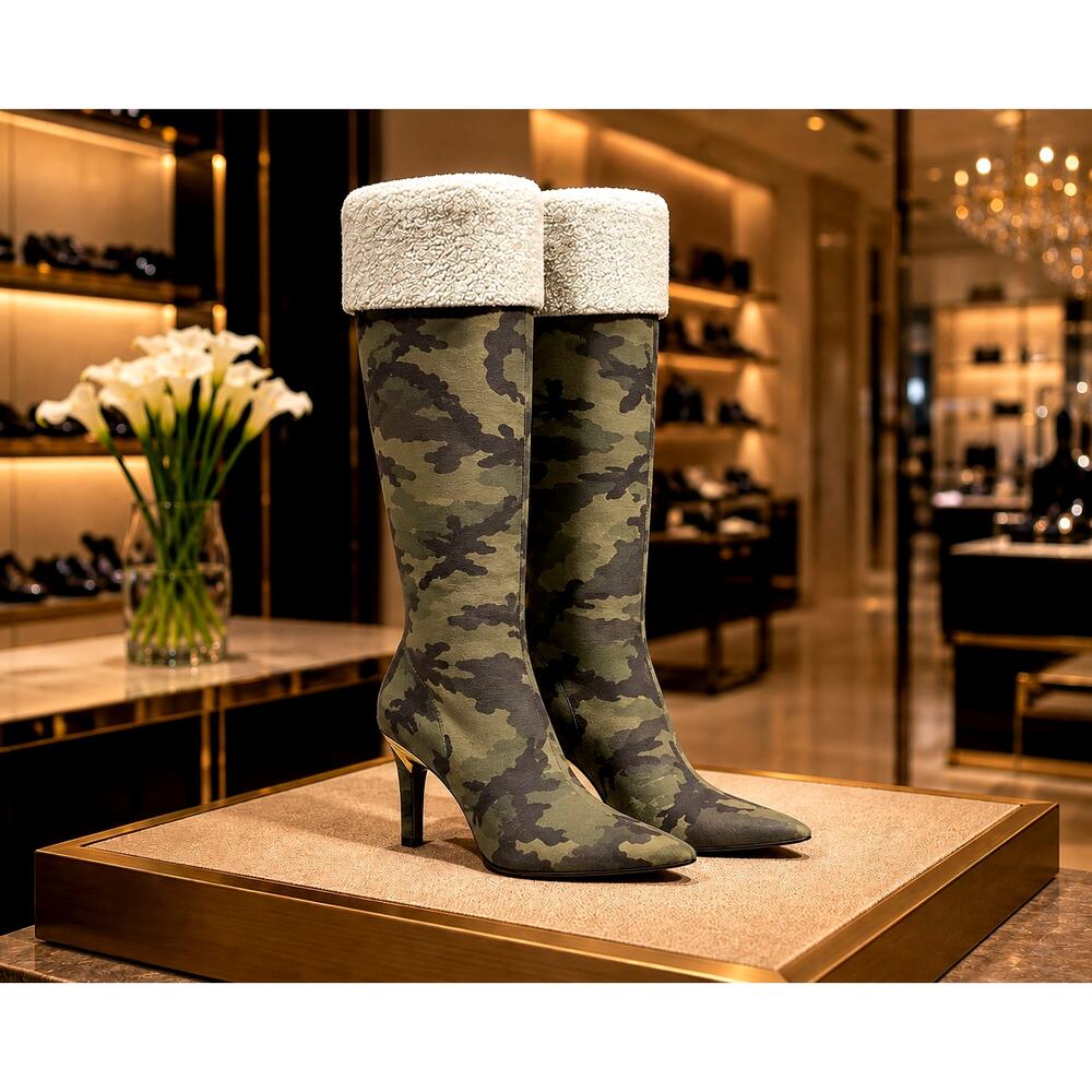 Good American High Kickstand Camouflage Neoprene Knee High Boots - size 8.5